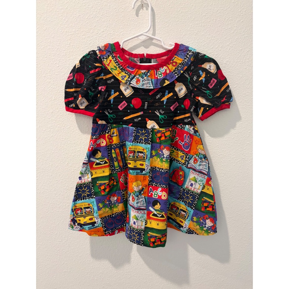 Vintage Style Back to School Novelty Print Dress Toddler Girls Multi Color 4T
